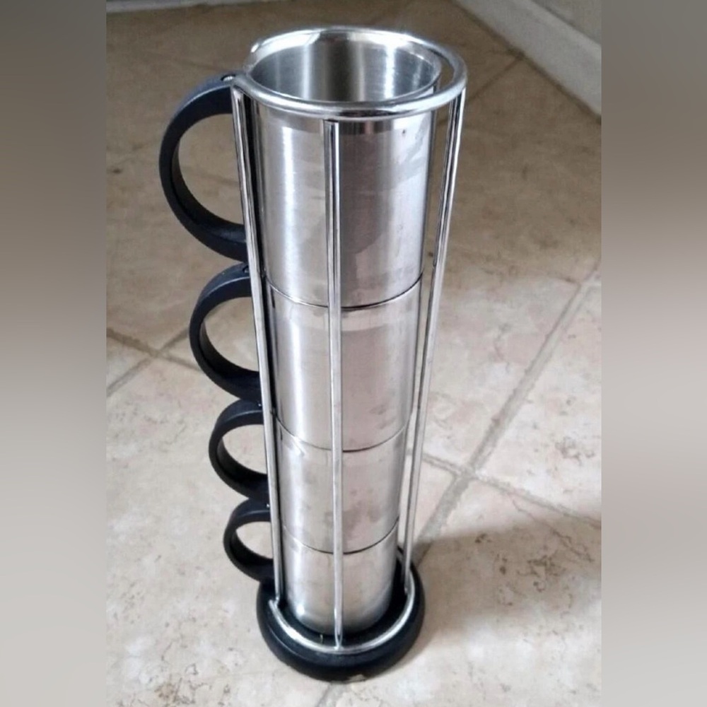 Stackable Stainless Steel Coffee Cups Space Saver Tower w/ 4 Mugs NICE!